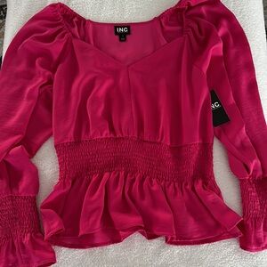 INC Womens Hot Pink Long Sleeves Smocked Elastic Cuffs Blouse Size Small
